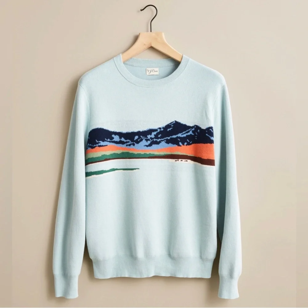 J. Crew Light Blue Landscape Jacquard Crewneck Sweater